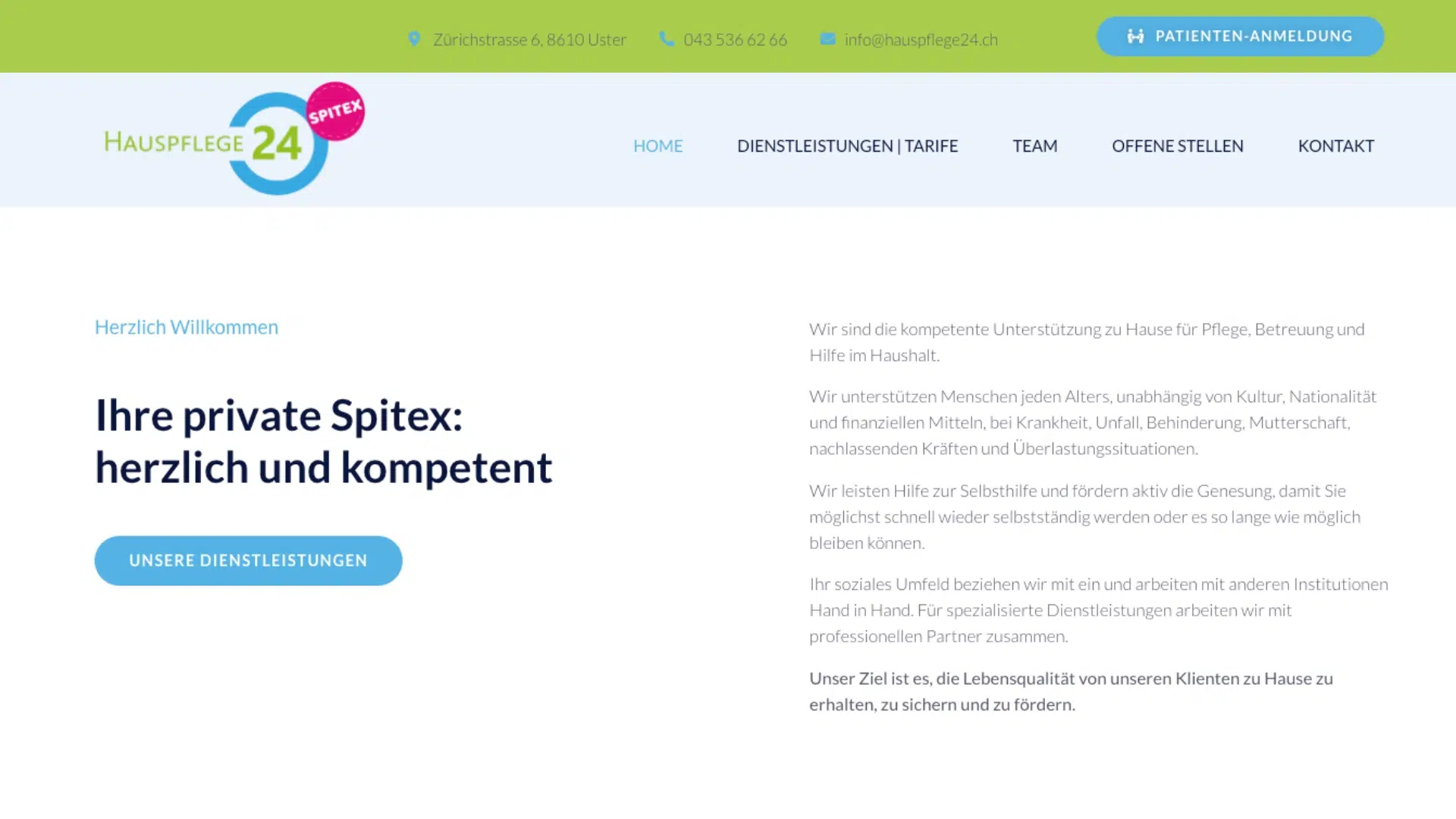 Website-Referenz für Hauspflege24 mit Angeboten zu Spitex und Hauspflege