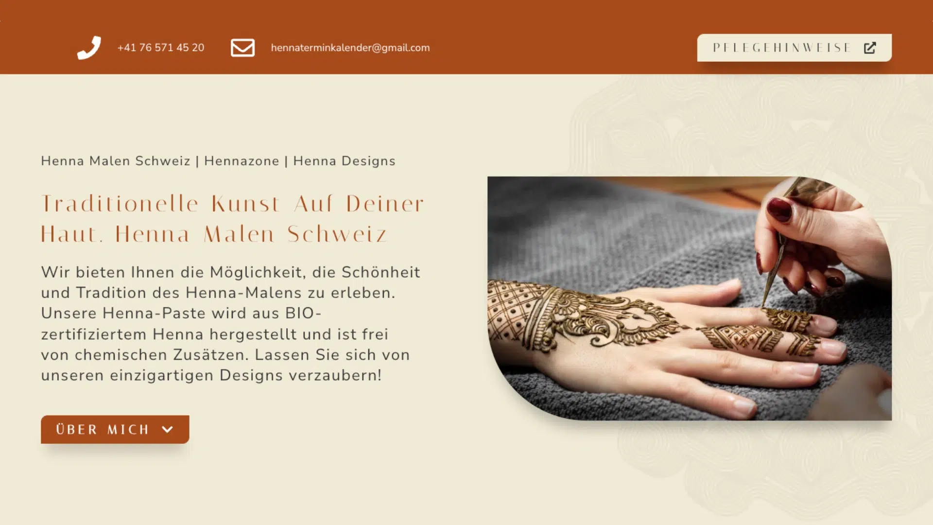 Website für Hennazone mit Angebot für Henna malen in der Schweiz
