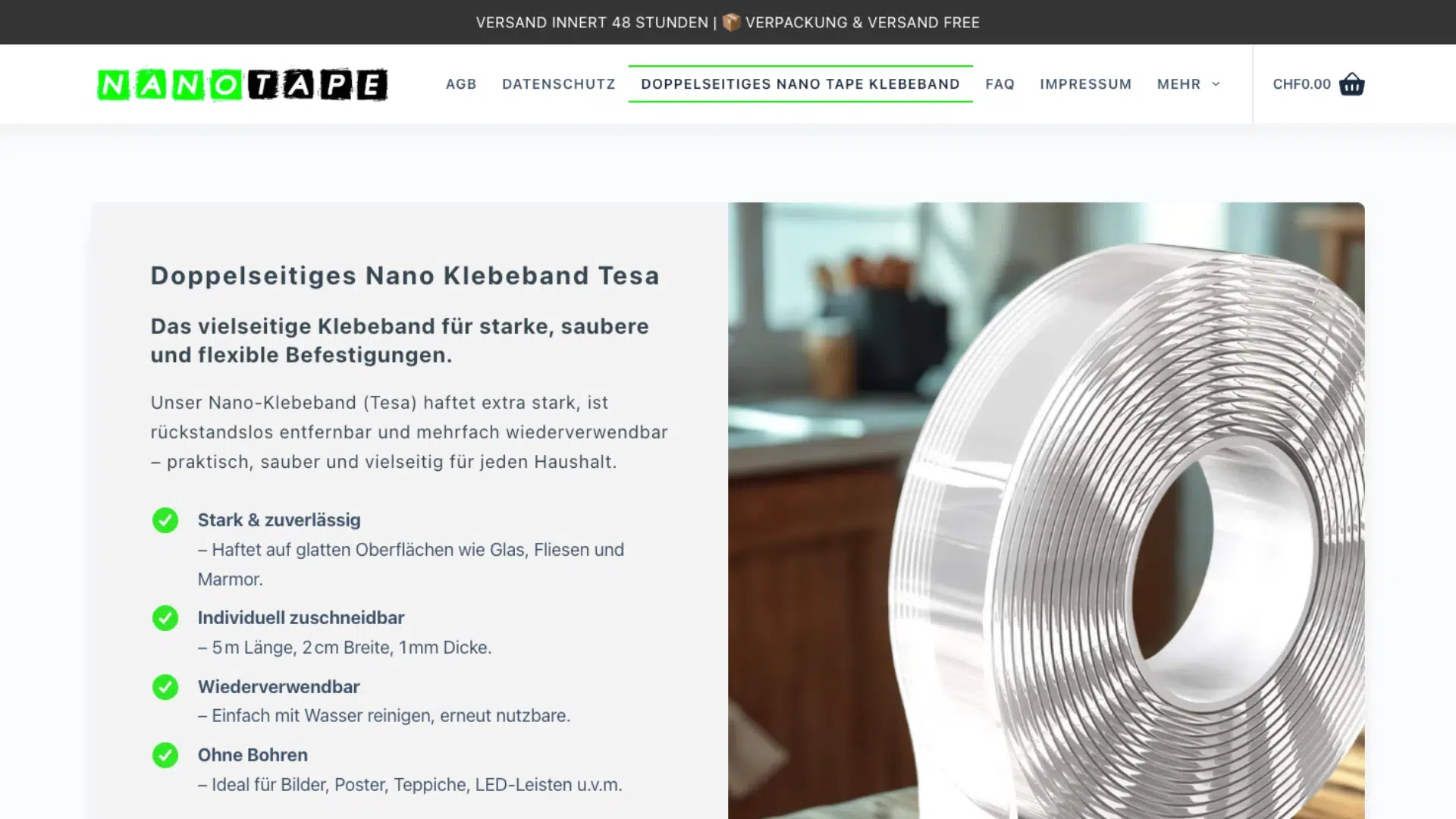 Produktwebsite für NanoTape doppelseitiges Klebeband mit SEO-Struktur