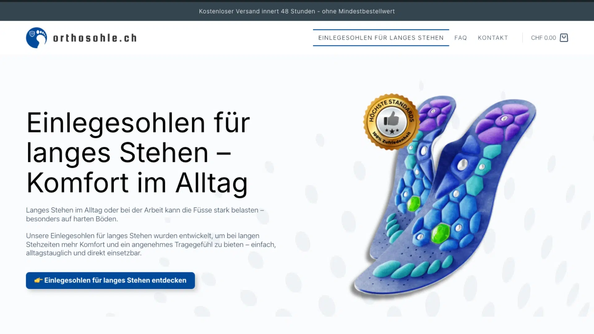 Website für orthosohle.ch mit Einlegesohlen für langes Stehen