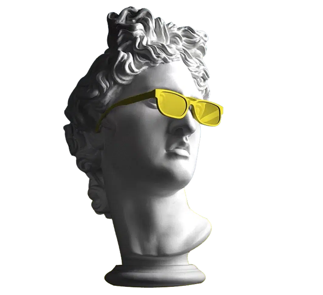Antike Statue mit gelber Sonnenbrille im modernen Stil